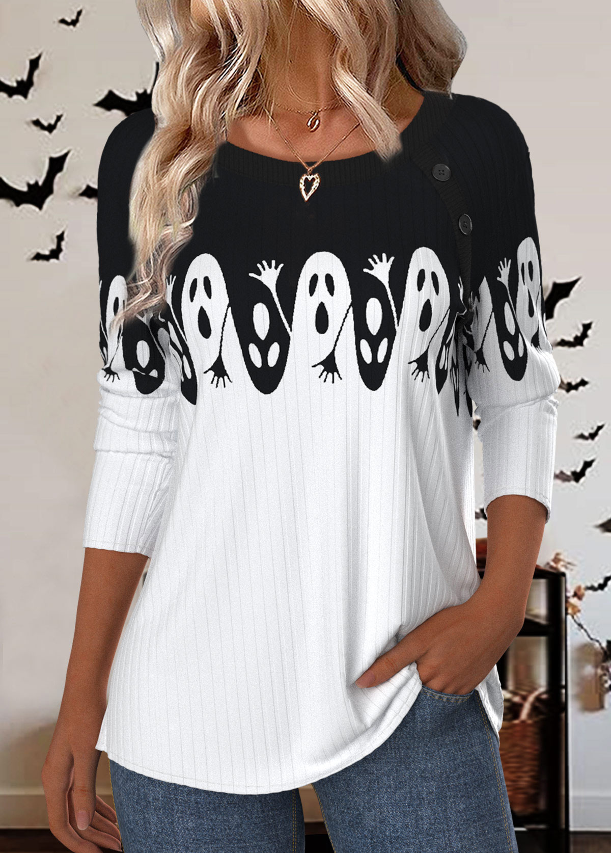 Modlily Halloween White Button Long Sleeve Round Neck T Shirt - S