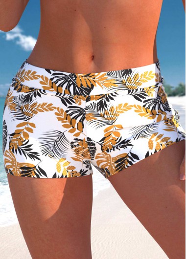 Modlily High Waisted Leaf Print White Swim Shorts - XXL