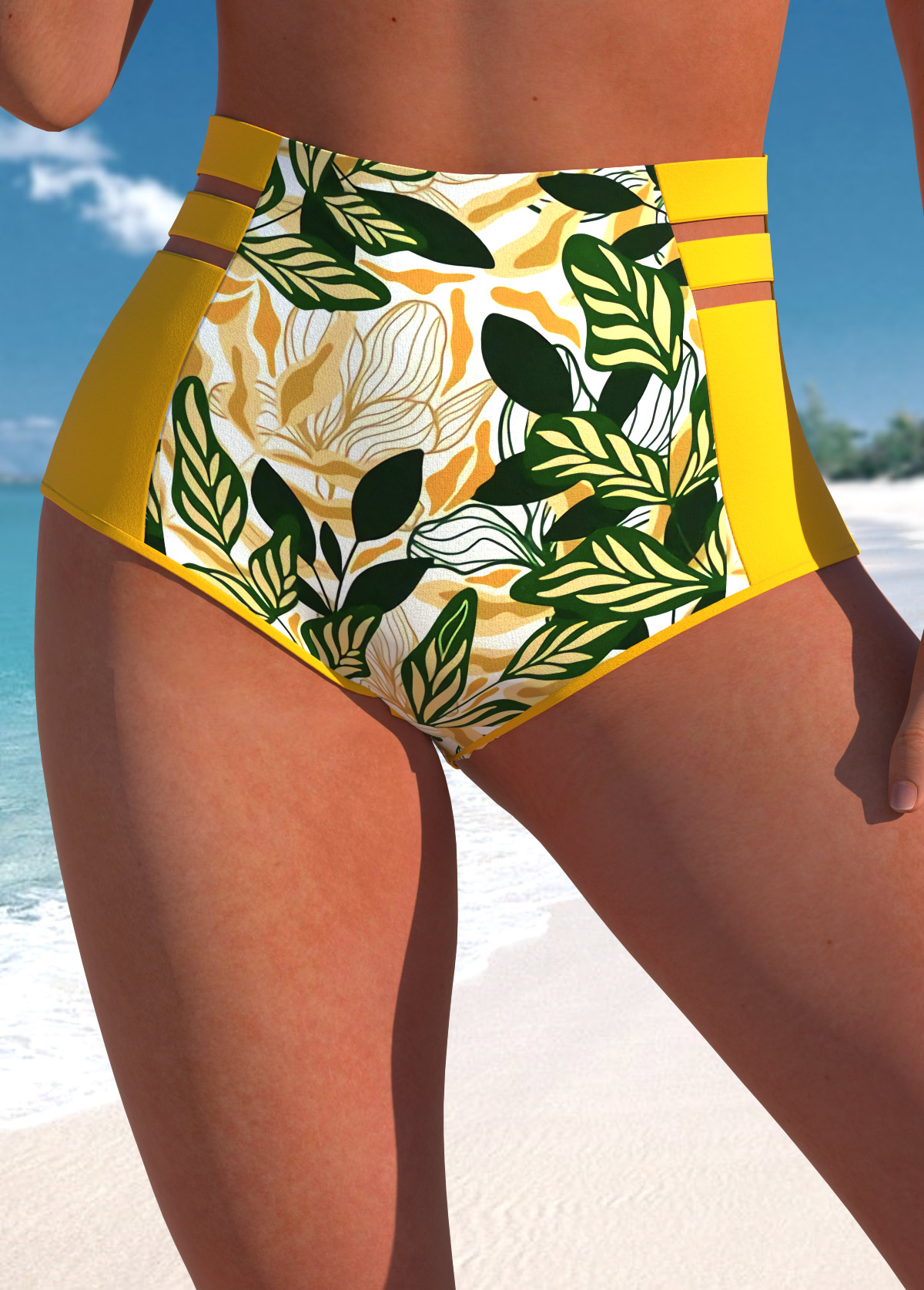 Modlily High Waisted Leaf Print Yellow Bikini Bottom - XL