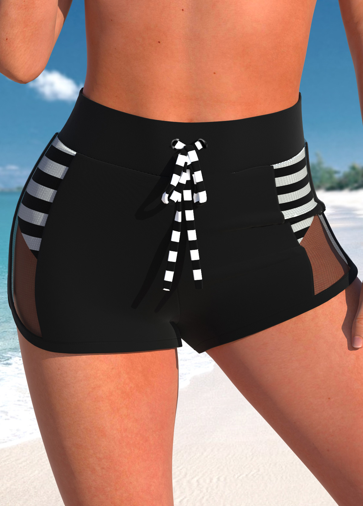 Modlily High Waisted Striped Black Swim Shorts - XXL