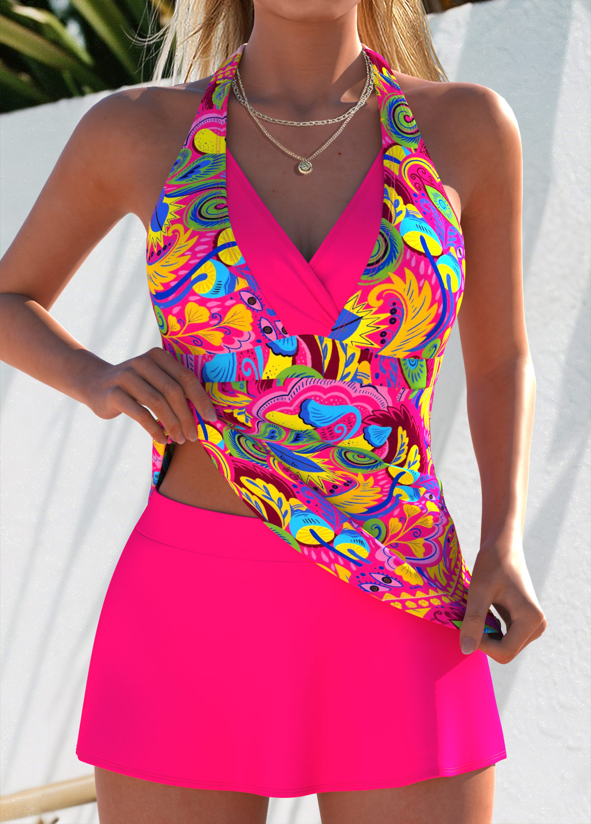Modlily Hot Pink Mid Waisted Layered Graffiti Print Tankini Set - S