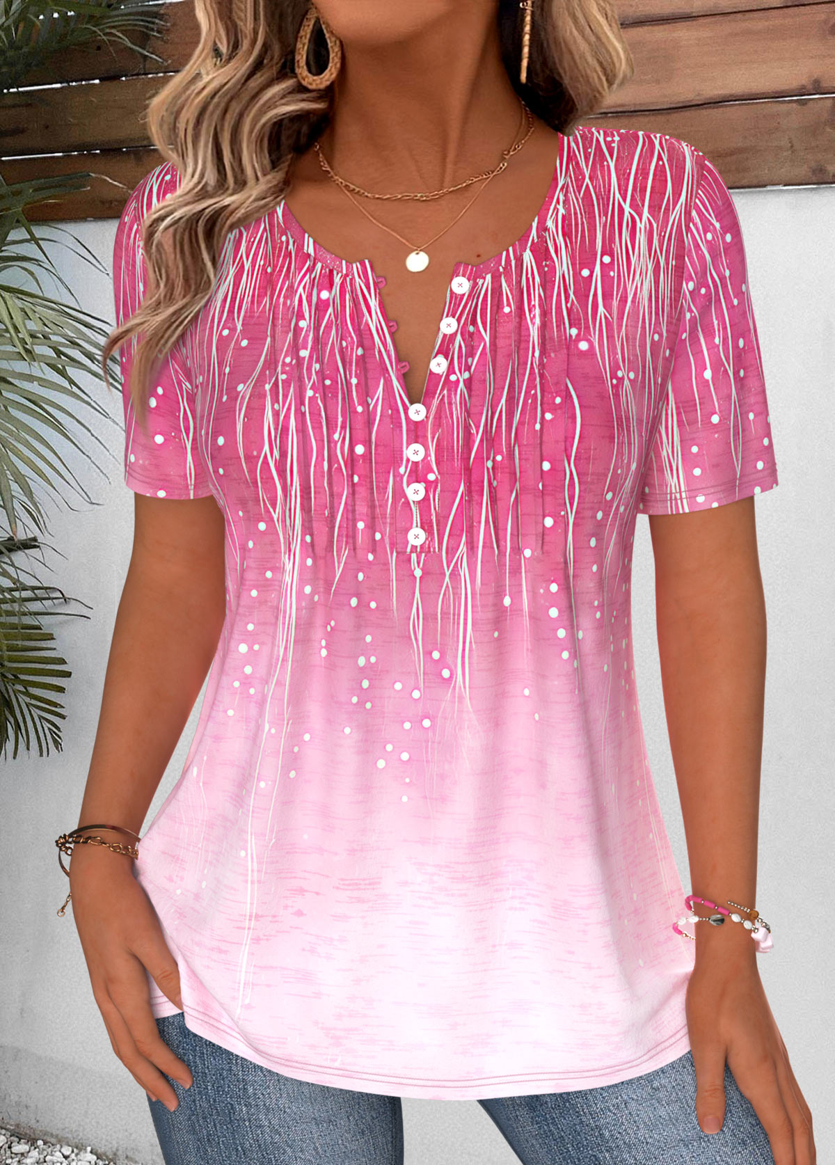 Modlily Hot Pink Ombre Curved Hem Short Sleeve T Shirt - M