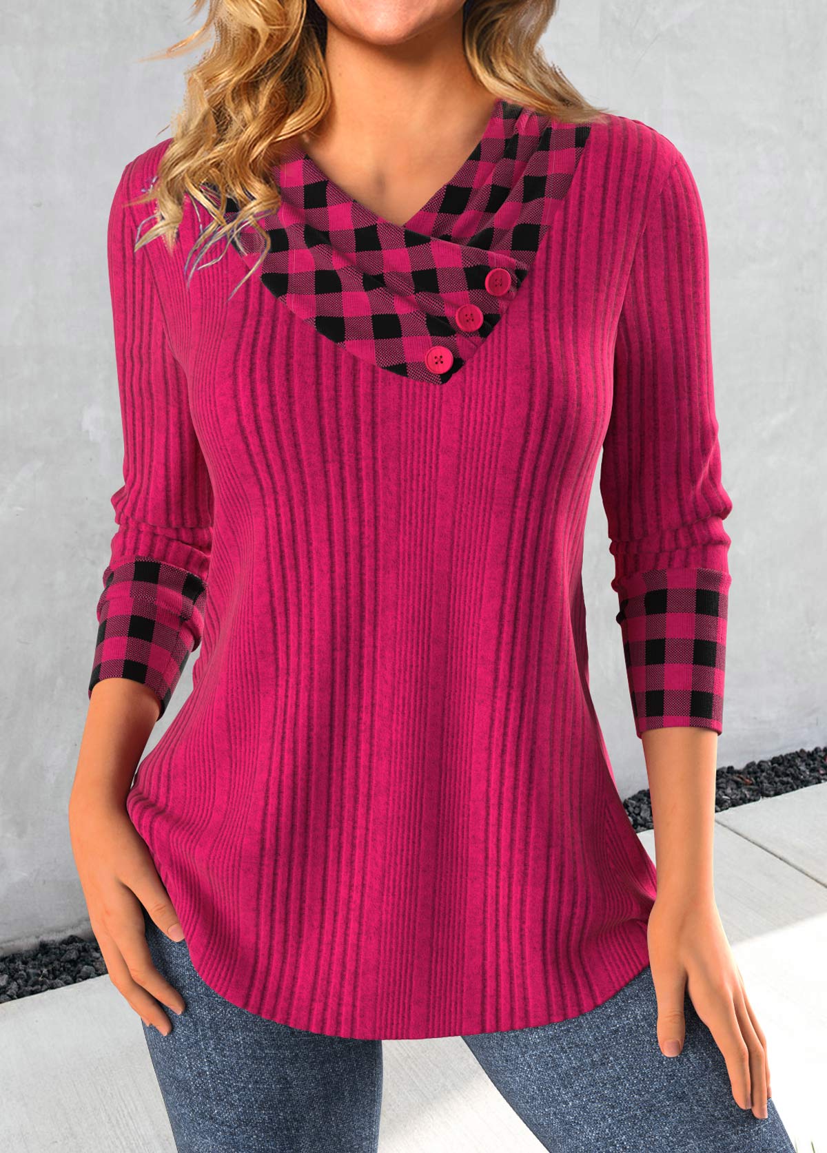 Modlily Hot Pink Patchwork Plaid Long Sleeve Sweatshirt - L