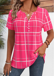 Modlily Hot Pink Plaid Short Sleeve Split Neck Shirt - S
