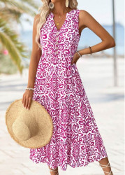 Modlily Hot Pink Tribal Print Maxi Sleeveless Split Neck Dress - S