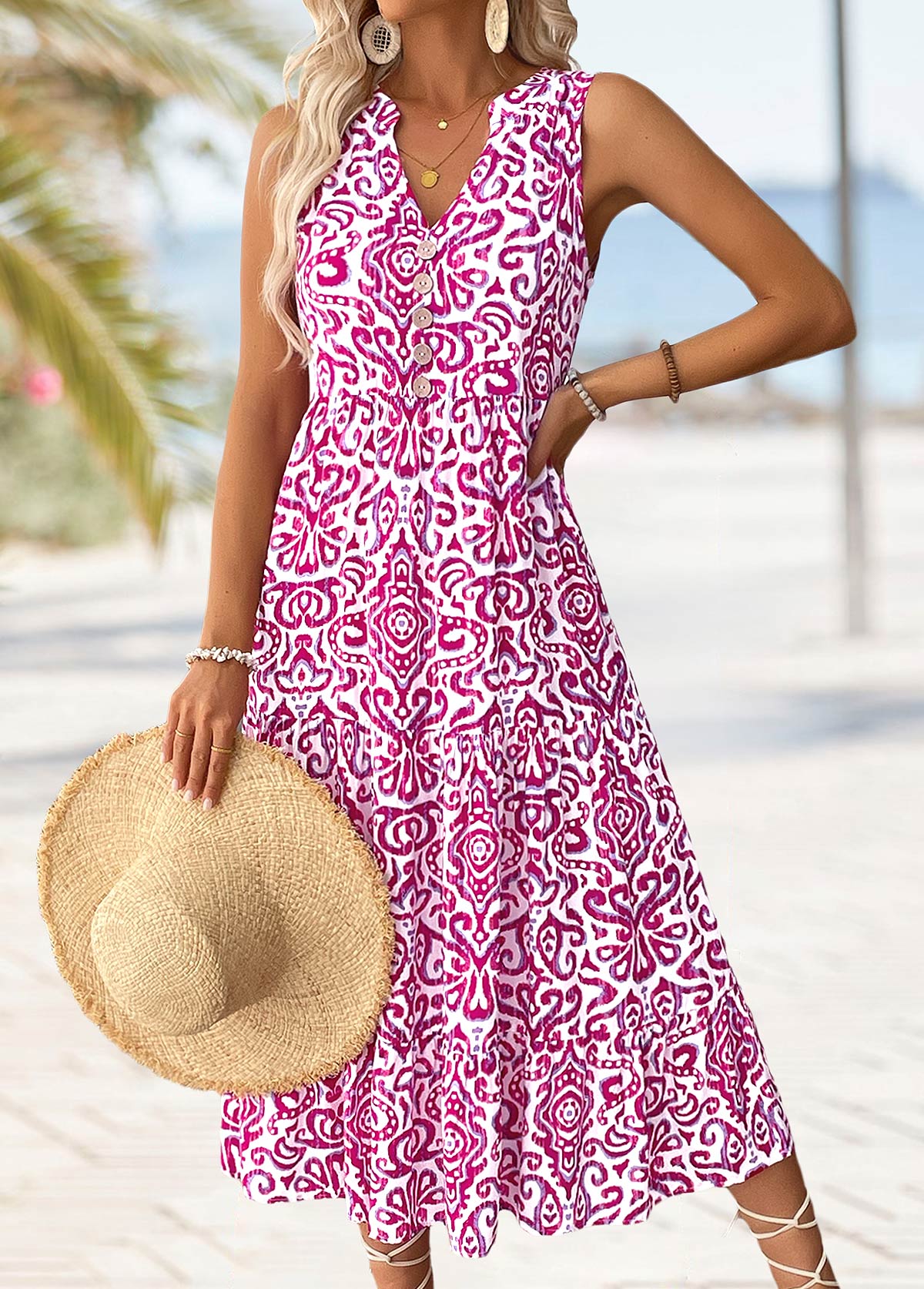 Modlily Hot Pink Tribal Print Maxi Sleeveless Split Neck Dress - S