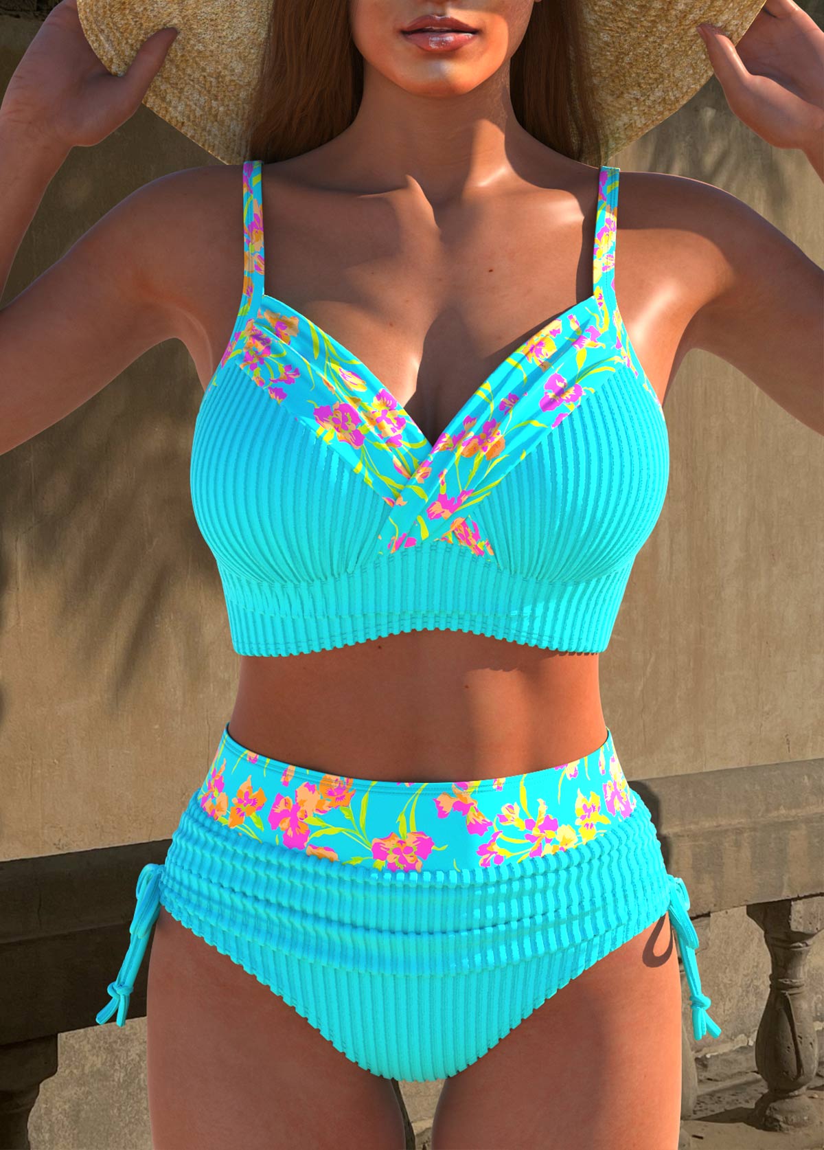 Modlily Jacquard Floral Print Cyan Bikini Set - XS