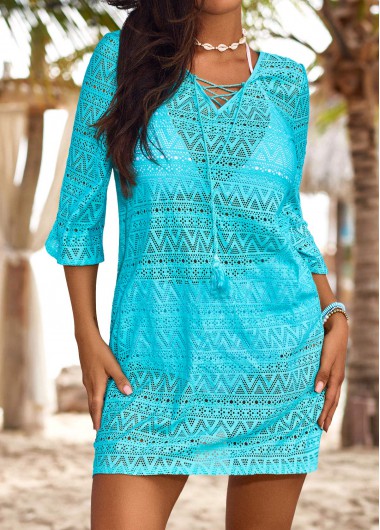 Modlily Jacquard V Neck Cyan Cover Up - L