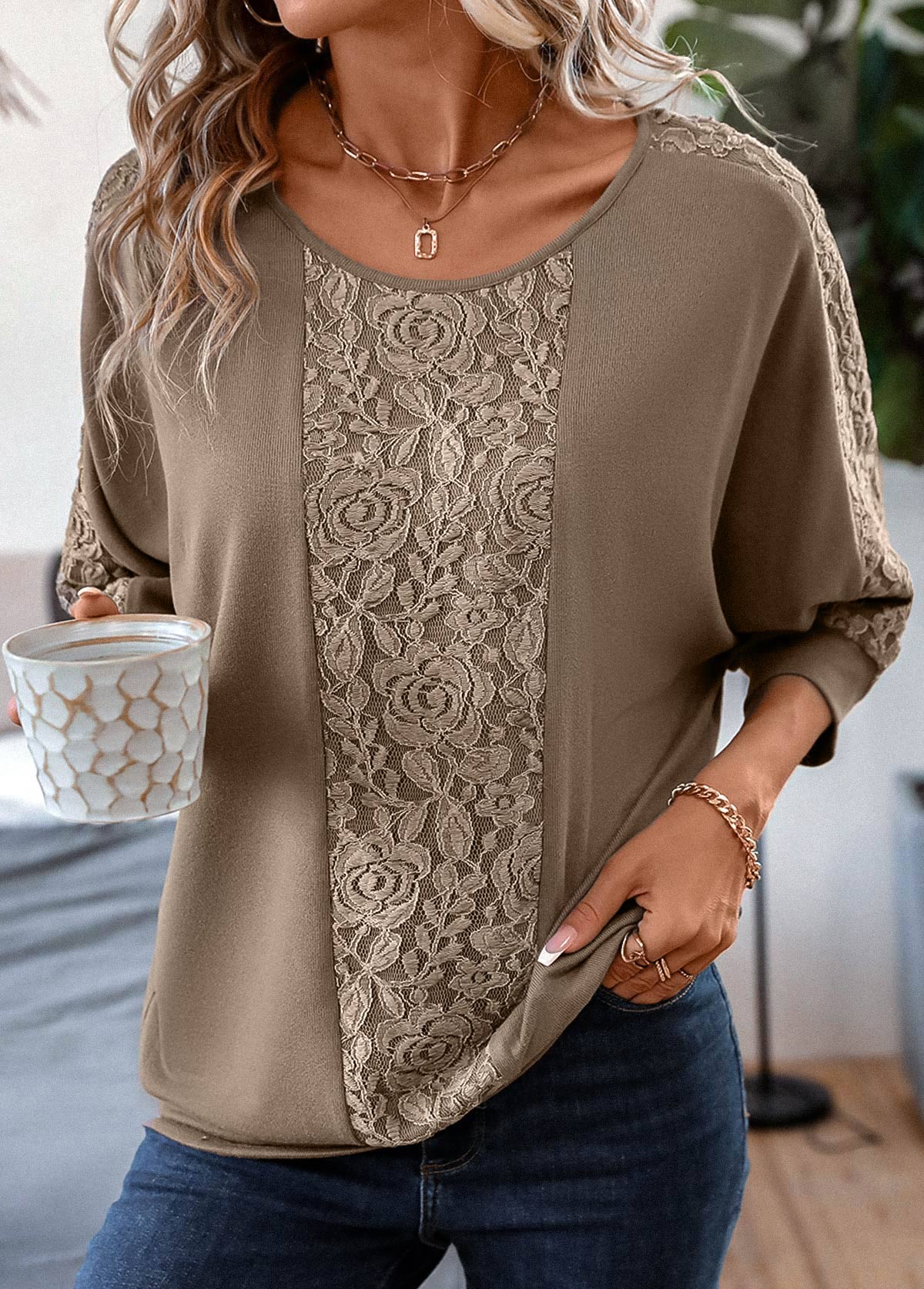 Modlily Lace Light Coffee Patchwork T Shirt - XXL