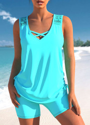 Modlily Lace Patchwork Cyan Cross Strap Tankini Set - XXL