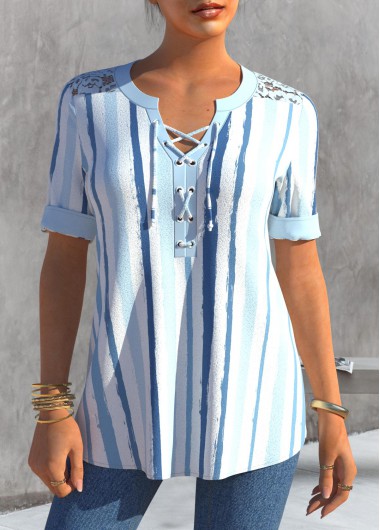 Modlily Lace Patchwork Stripe Print Dusty Blue Blouse - S