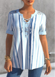 Modlily Lace Patchwork Stripe Print Dusty Blue Blouse - S