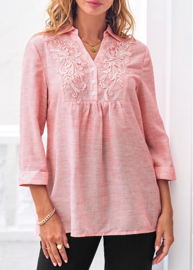 Modlily Lace Stitching 3/4 Sleeve Pink Blouse - M