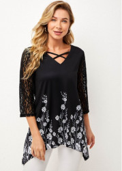 Modlily Lace Stitching Asymmetric Hem Black T Shirt - S