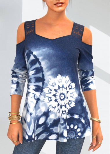 Modlily Lace Stitching Blue Tie Dye Print T Shirt - S