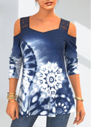 Modlily Lace Stitching Blue Tie Dye Print T Shirt - S