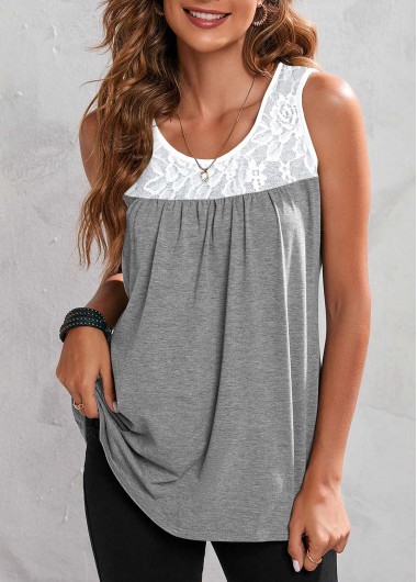 Modlily Lace Stitching Grey Marl Round Neck Tank Top - M