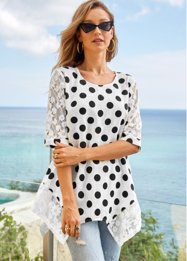 Modlily Lace Stitching Polka Dot 3/4 Sleeve T Shirt - S