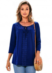 Modlily Lace Stitching Tie Front 3/4 Sleeve T Shirt - M
