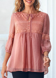 Modlily Lace Stitching Tie Front Coral Orange Blouse - M