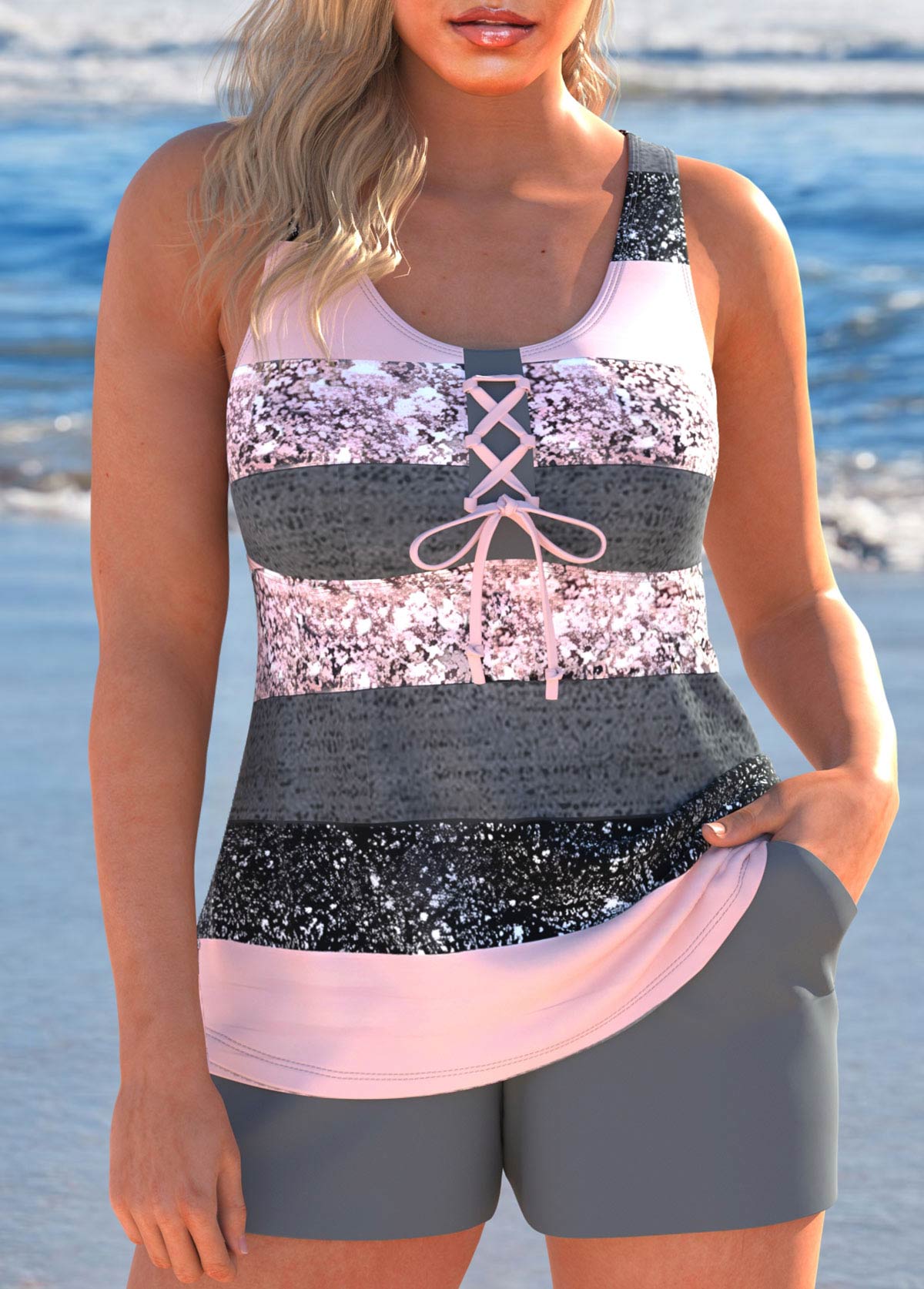 Modlily Lace Up Multi Stripe Print Grey Tankini Set - L