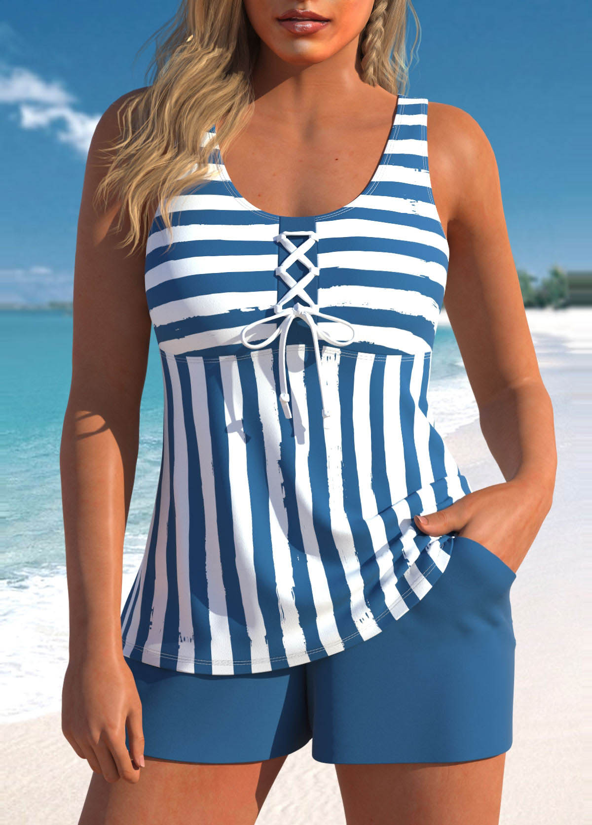 Modlily Lace Up Striped Blue Tankini Set - S