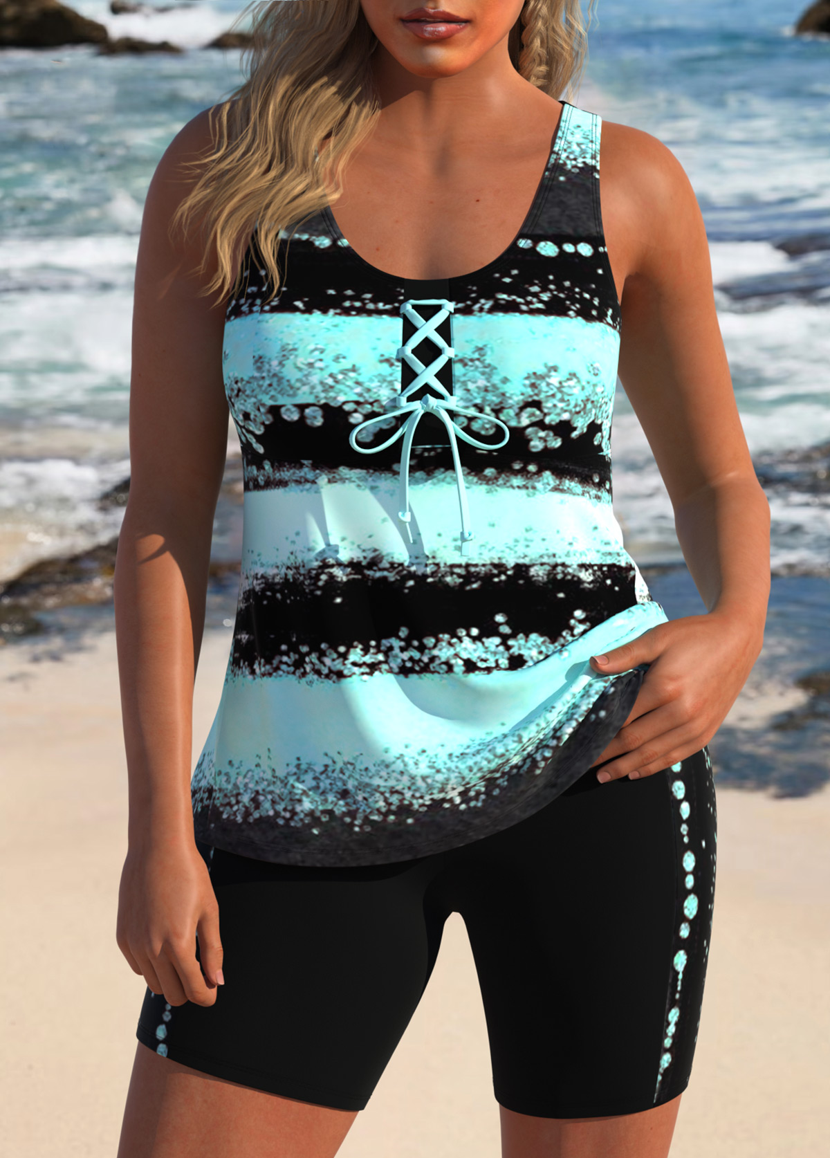 Modlily Lace Up Striped Mint Green Tankini Set - M