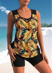 Modlily Leaf Print Cross Strap Black Tankini Set - M