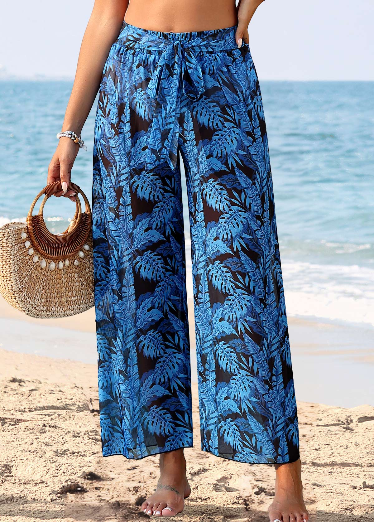 Modlily Leaf Print Tie Dark Blue Pants - L
