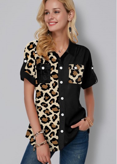 Modlily Leopard Print Button Up Chest Pocket Blouse - XS