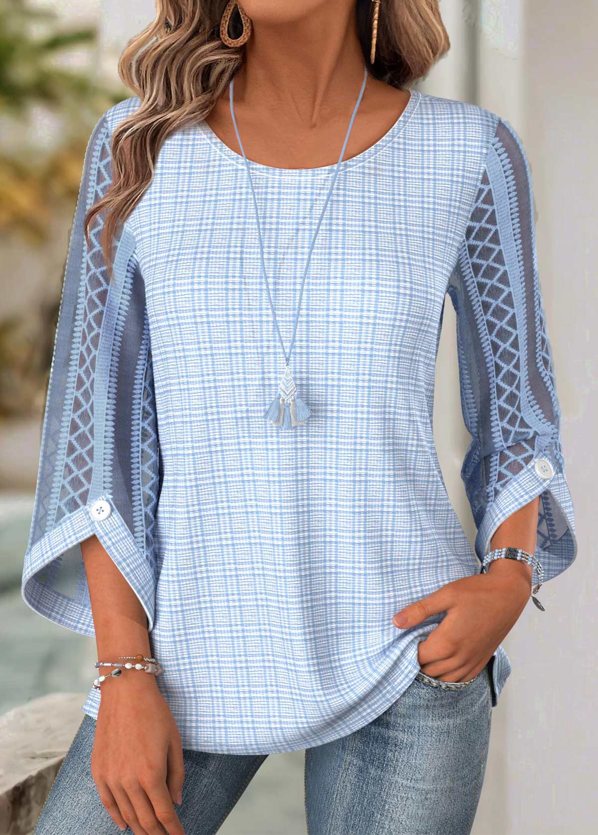 Modlily Light Blue 3/4 Sleeve Round Neck Blouse - S
