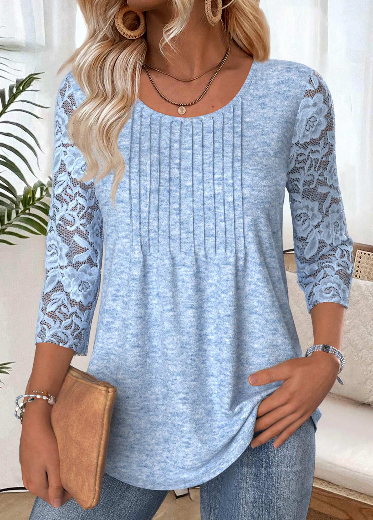 Modlily Light Blue 3/4 Sleeve Round Neck T Shirt - M