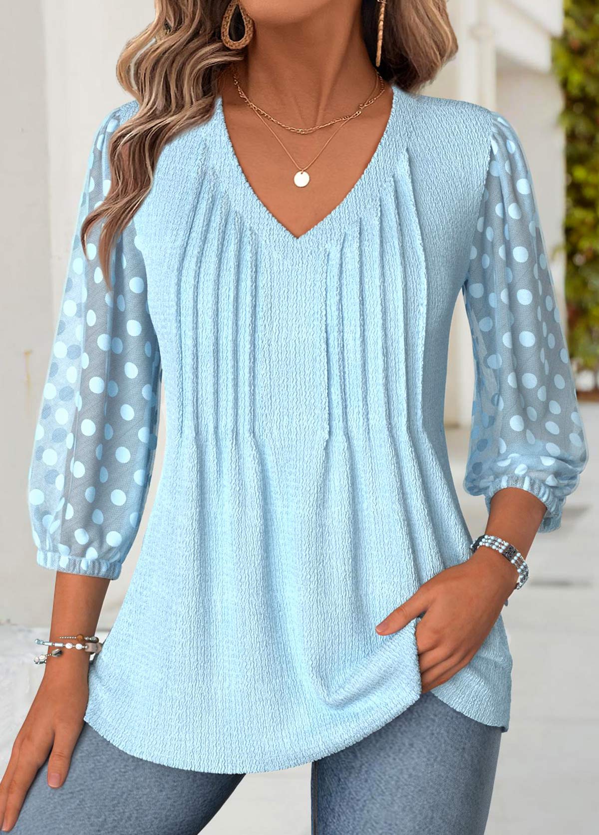 Modlily Light Blue 3/4 Sleeve V Neck Blouse - S