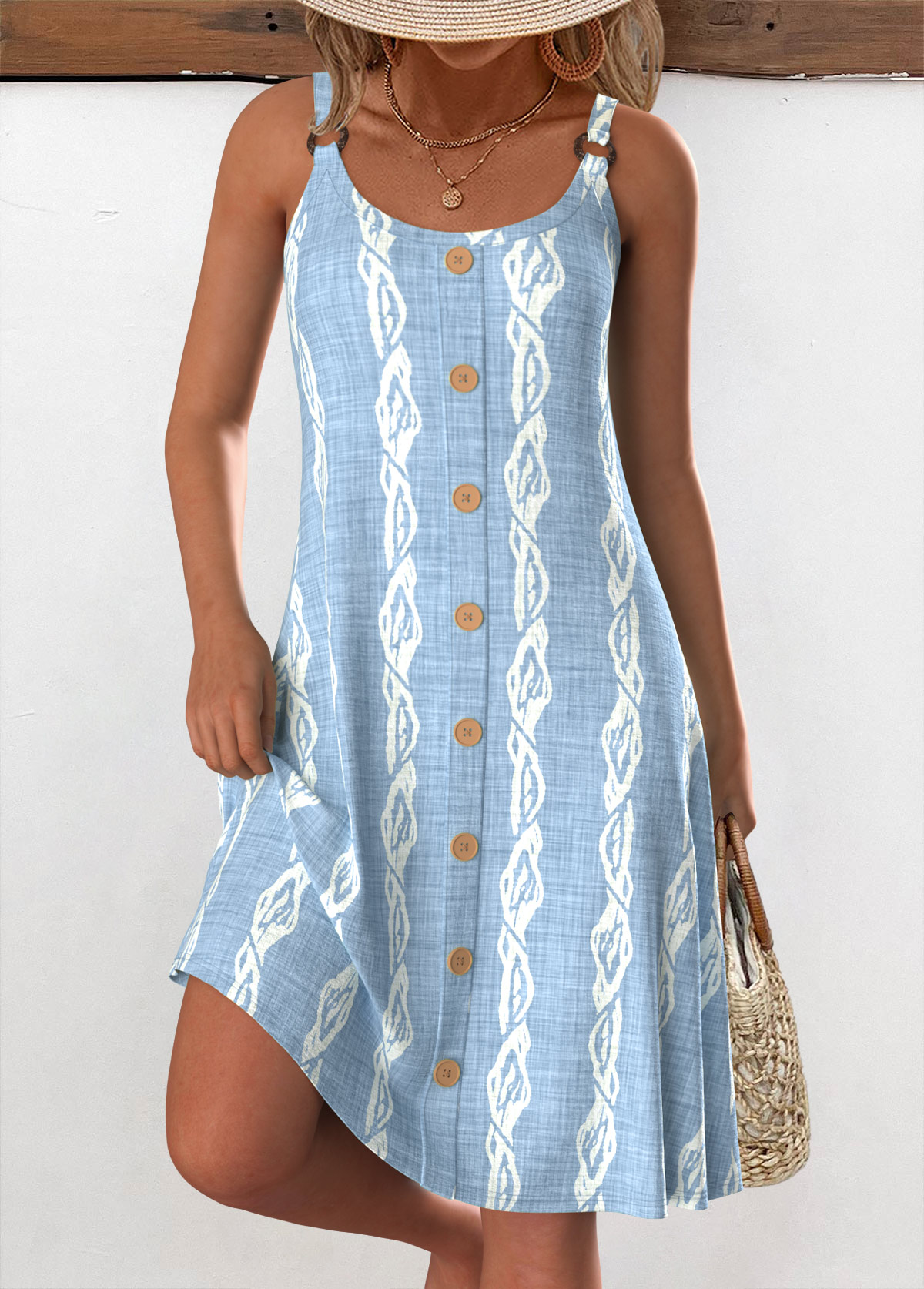 Modlily Light Blue Circular Ring Tropical Plants Print Strappy Dress - S