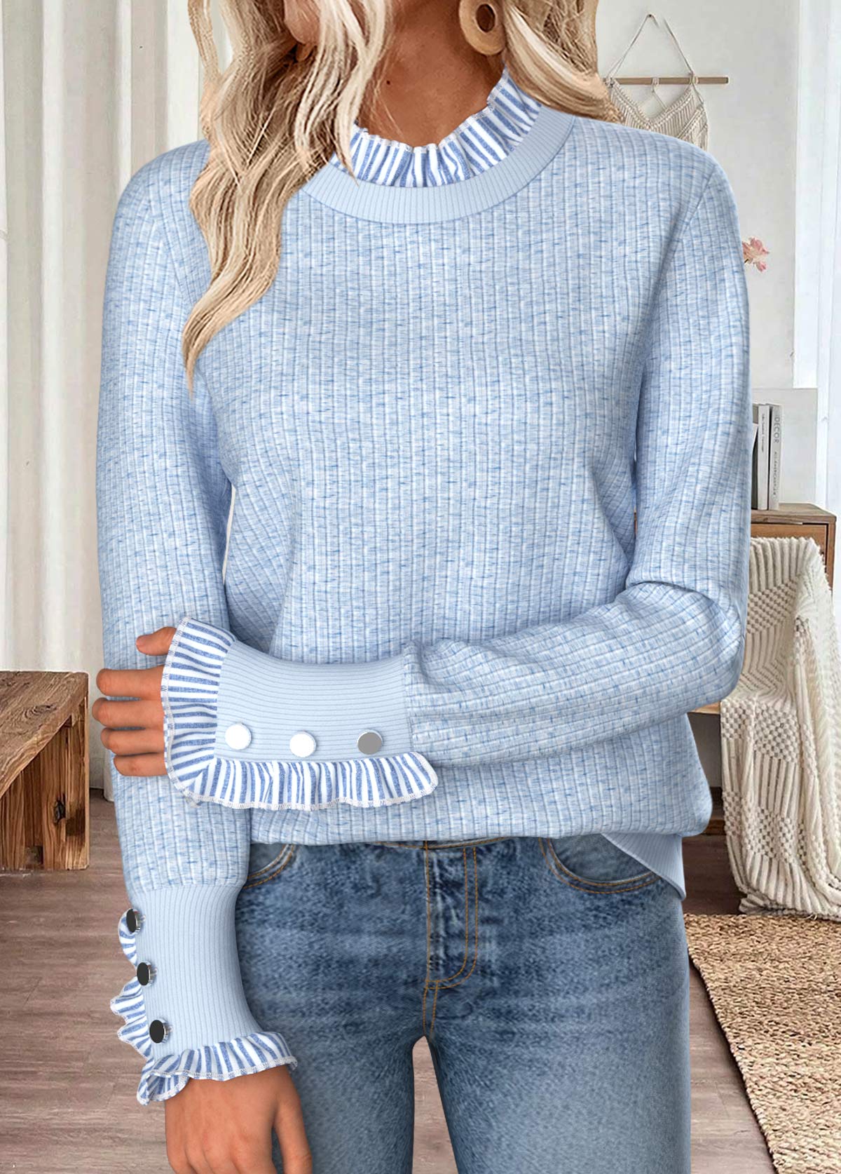 Modlily Light Blue Curved Hem Striped Long Sleeve Sweatshirt - M