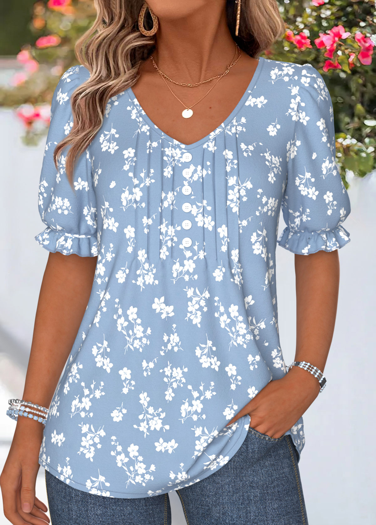 Modlily Light Blue Ditsy Floral Print Curved Hem T Shirt - S
