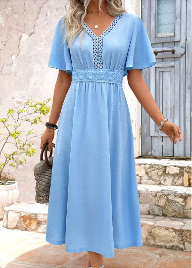 Modlily Light Blue Embroidery Short Sleeve V Neck Dress - S