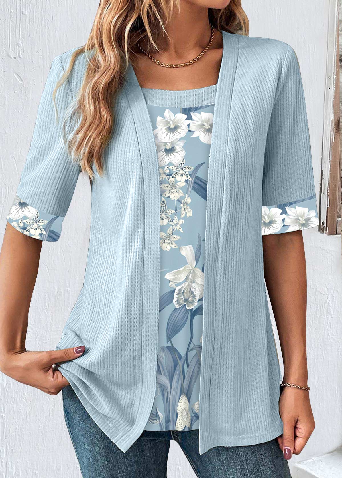 Modlily Light Blue Floral Print Fake Two Piece Twinset - M