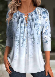 Modlily Light Blue Floral Print Long Sleeve T Shirt - S