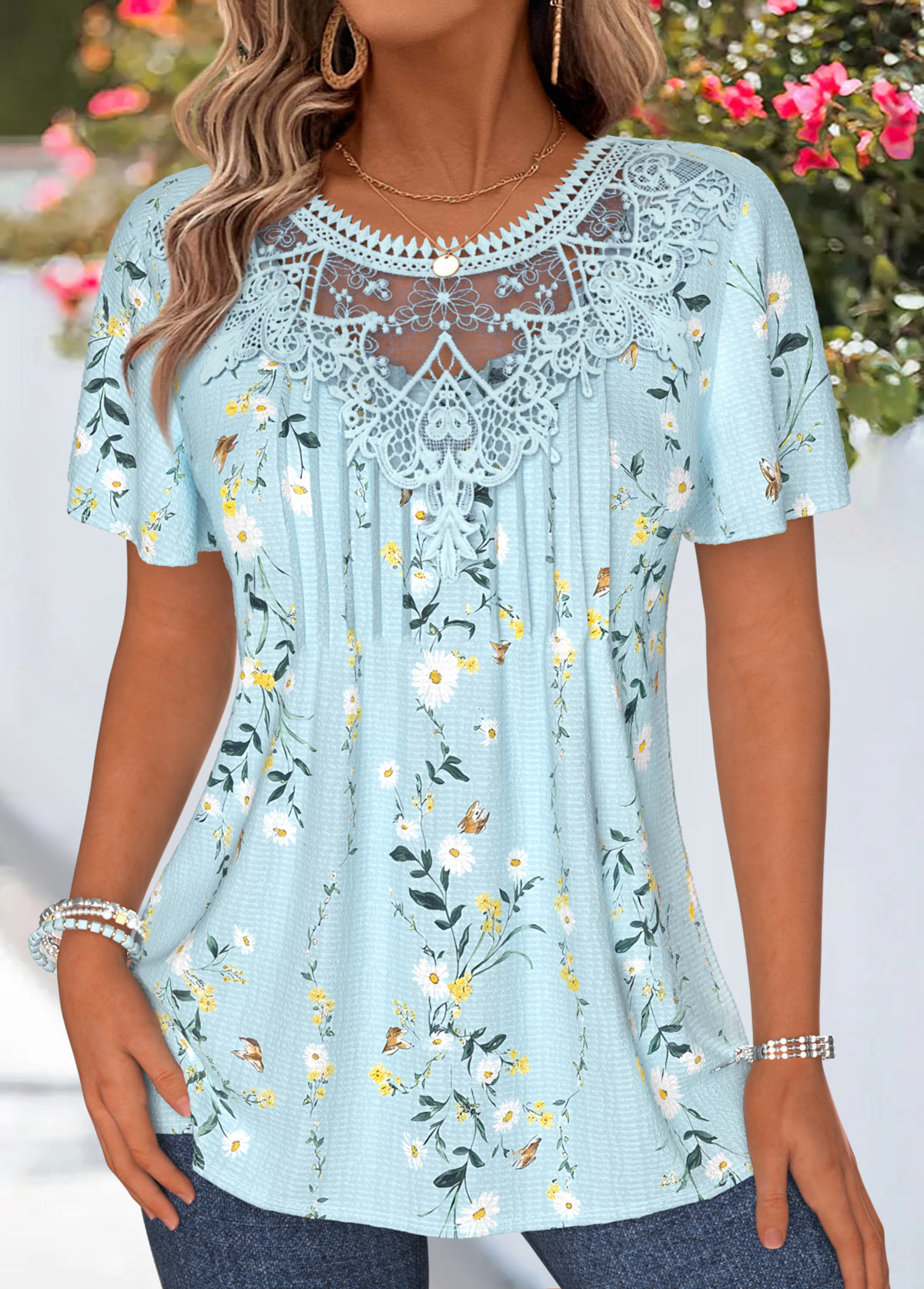 Modlily Light Blue Floral Print Patchwork Short Sleeve T Shirt - L