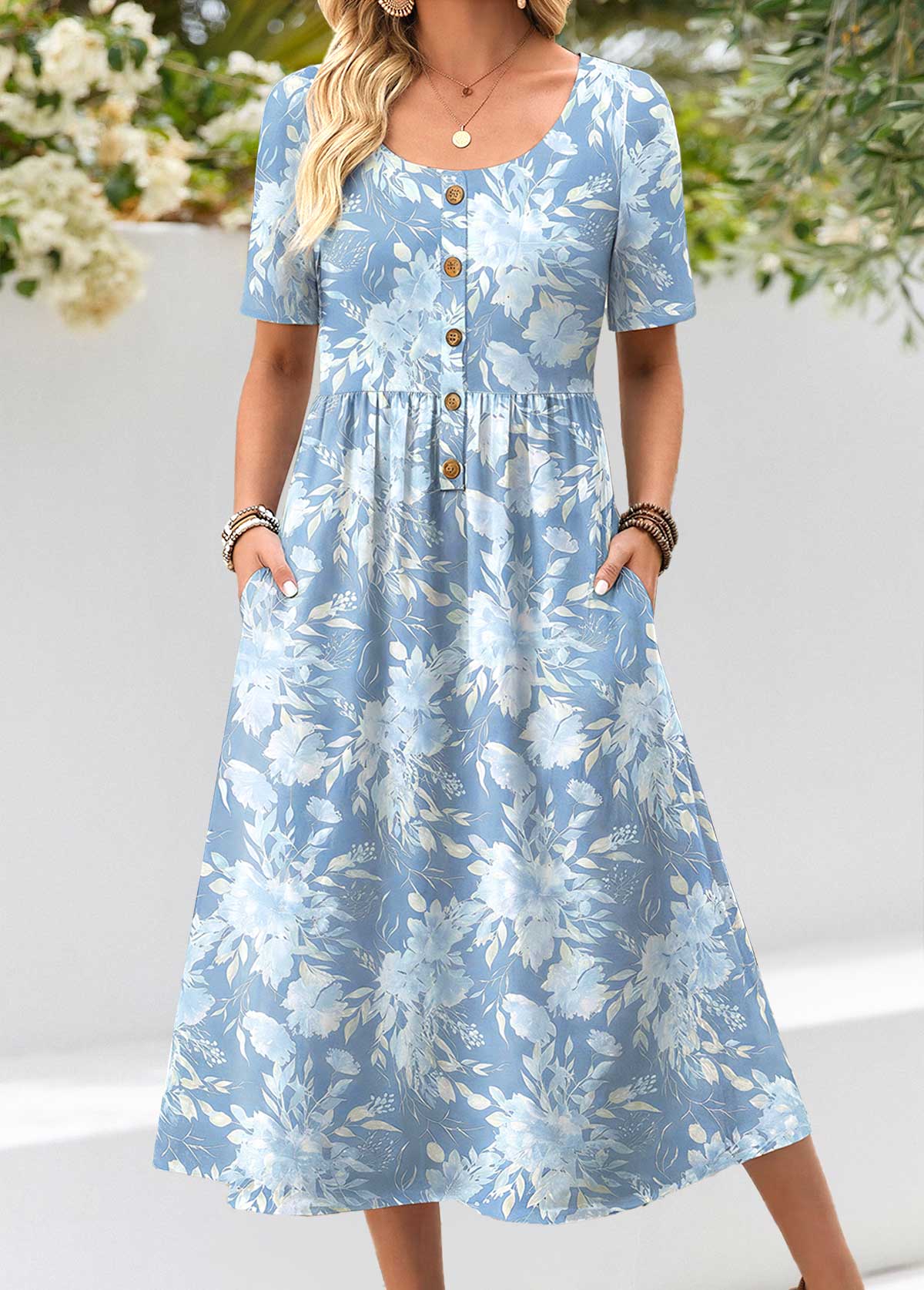Modlily Light Blue Floral Print Shirred Short Sleeve Dress - S