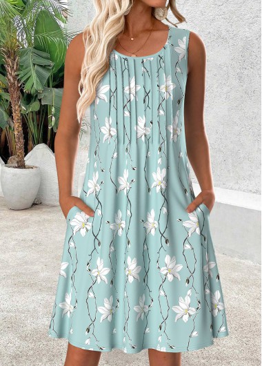 Modlily Light Blue Floral Print Short Sleeveless Scoop Neck Dress - M