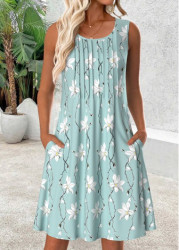 Modlily Light Blue Floral Print Short Sleeveless Scoop Neck Dress - M