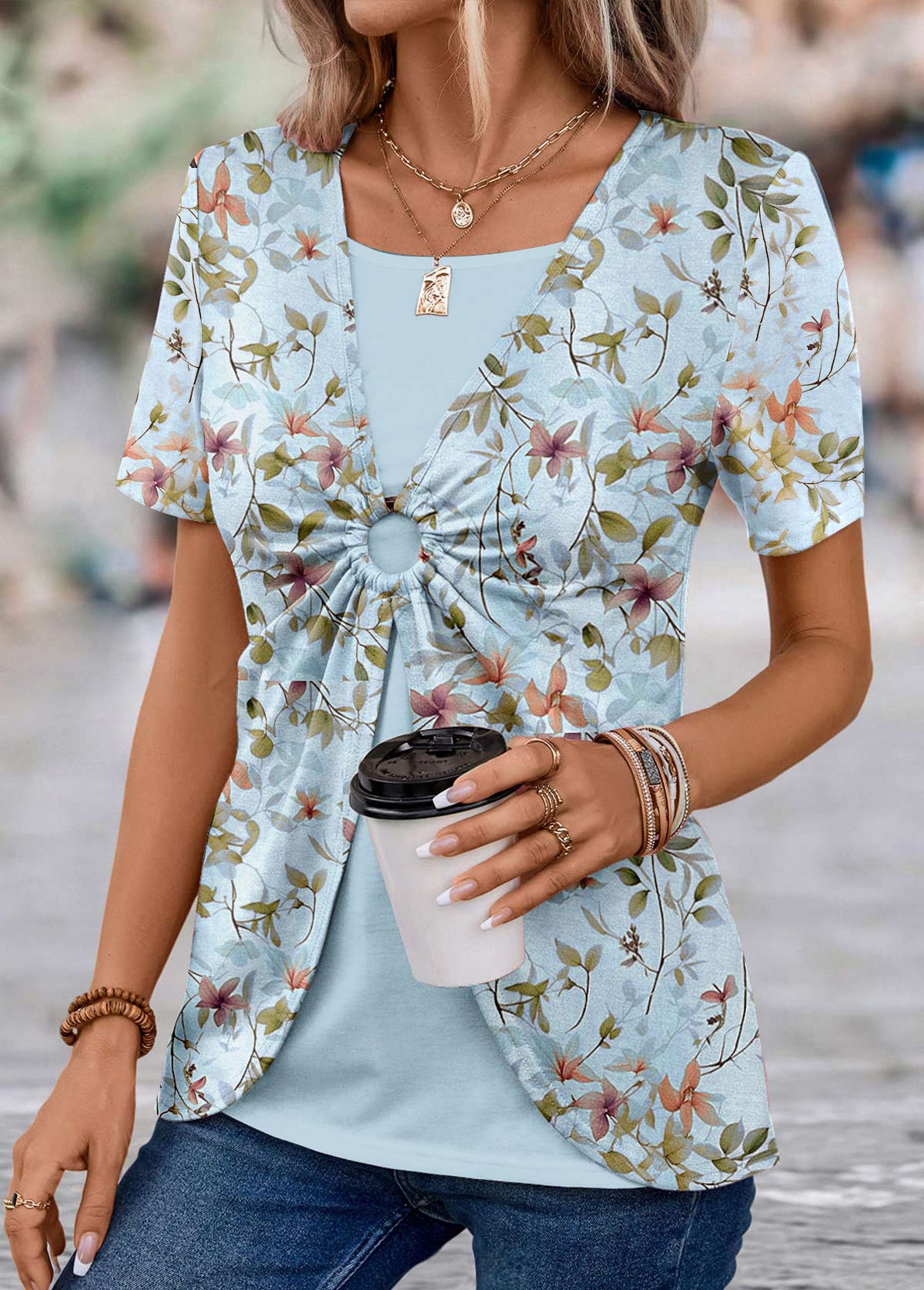 Modlily Light Blue Floral Print T Shirt - L