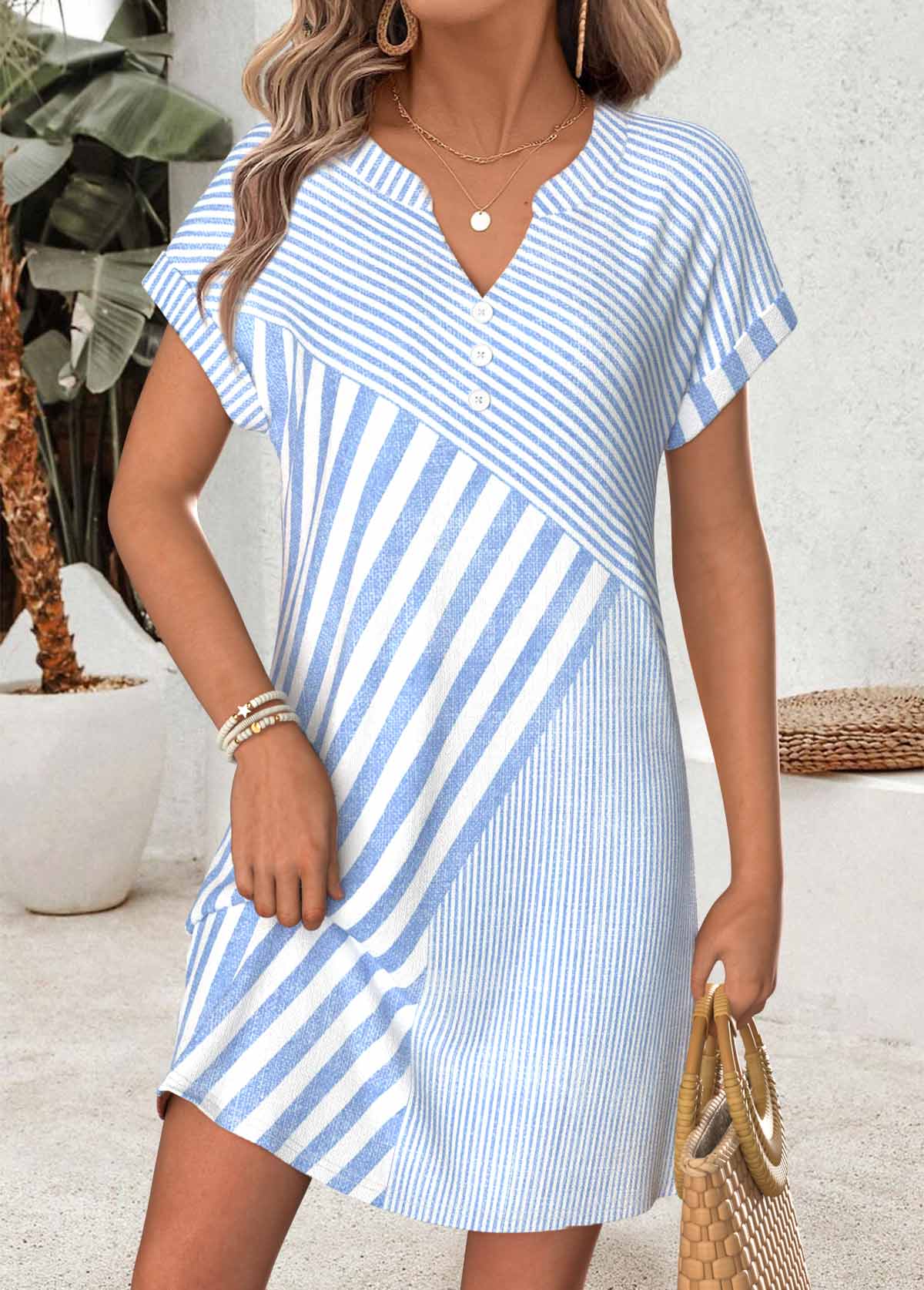 Modlily Light Blue Geometric Print Short Tummy Coverage Dress - S