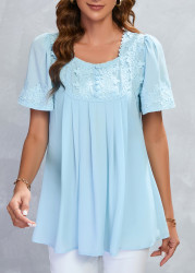 Modlily Light Blue Lace Half Sleeve Square Neck Blouse - S