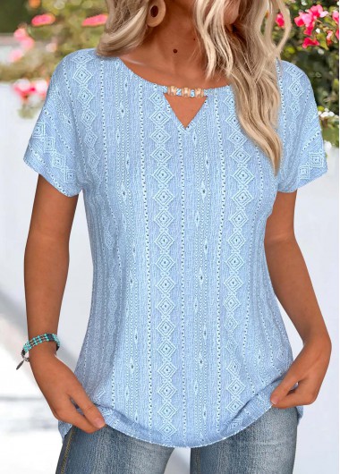 Modlily Light Blue Lace Short Sleeve Round Neck T Shirt - M