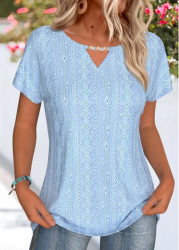 Modlily Light Blue Lace Short Sleeve Round Neck T Shirt - M