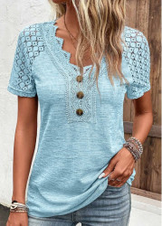 Modlily Light Blue Lace Short Sleeve V Neck T Shirt - M