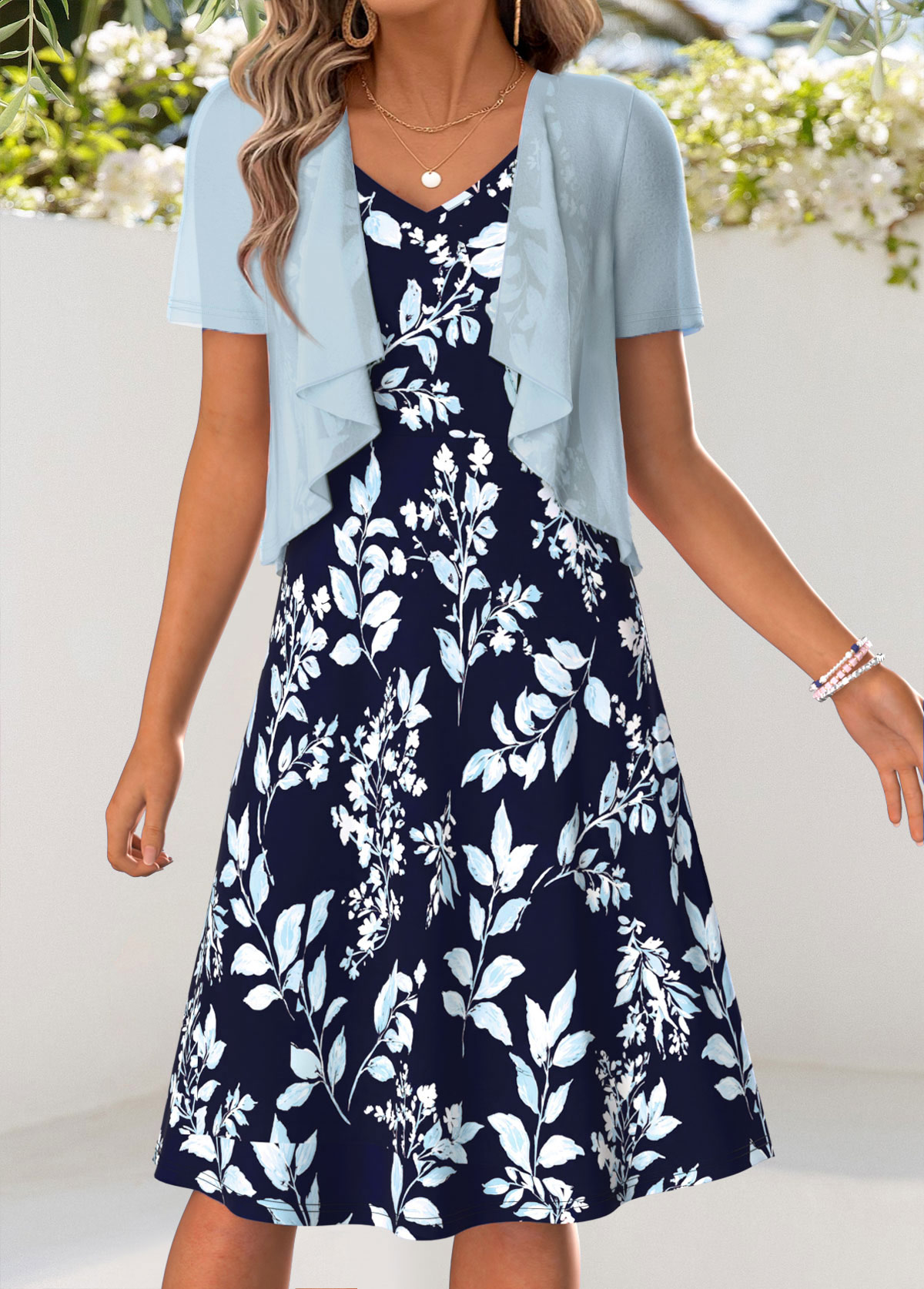 Modlily Light Blue Leaf Print Tummy Coverage Dress and Cardigan - S